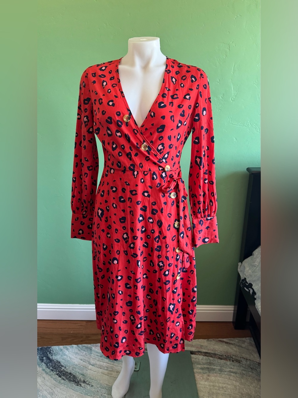 Influence Red Leopard Print Long Sleeve Wrap Midi Dress UK 8 US 6
